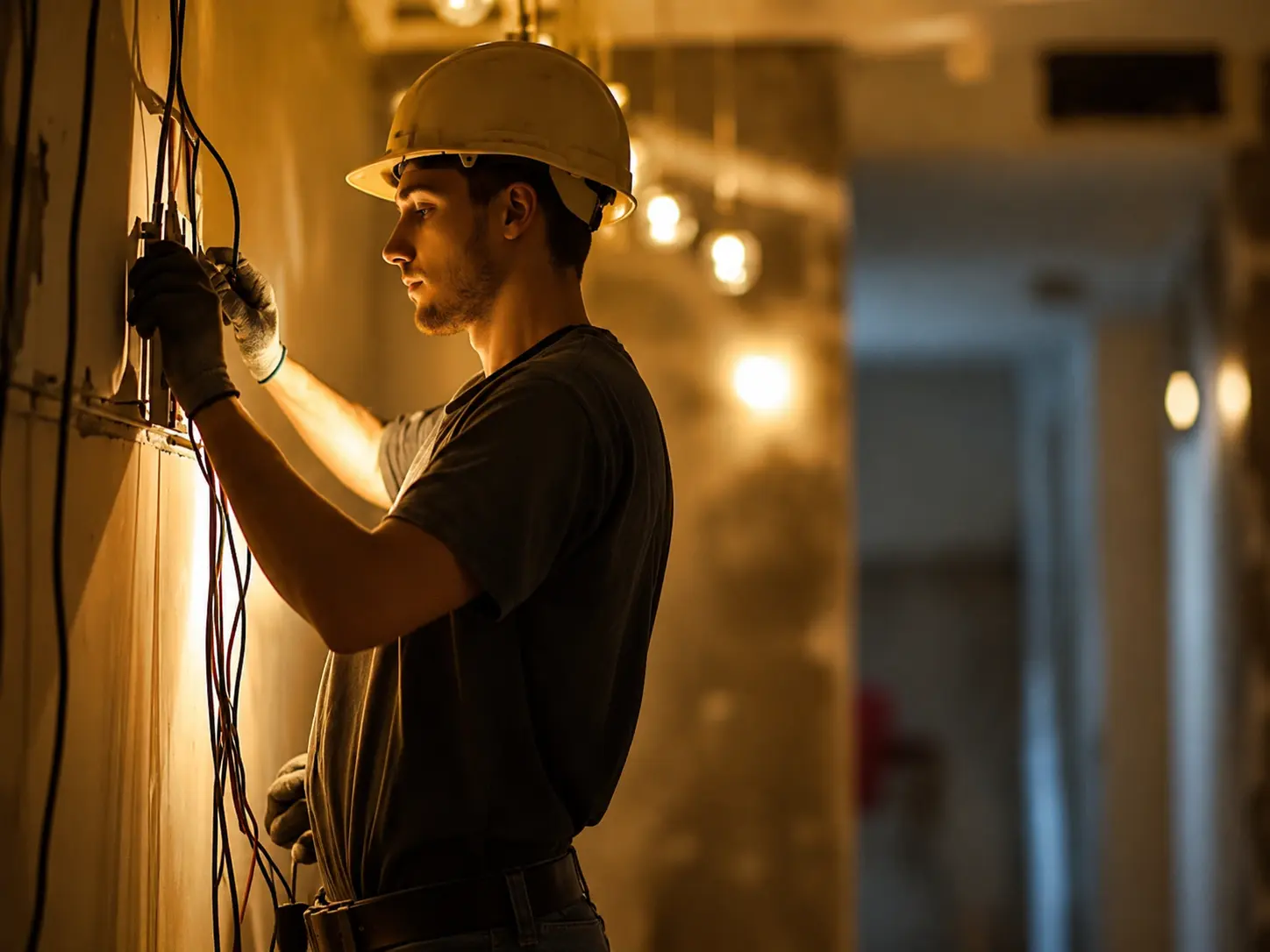 Electrician working on wiring at a commercial job site