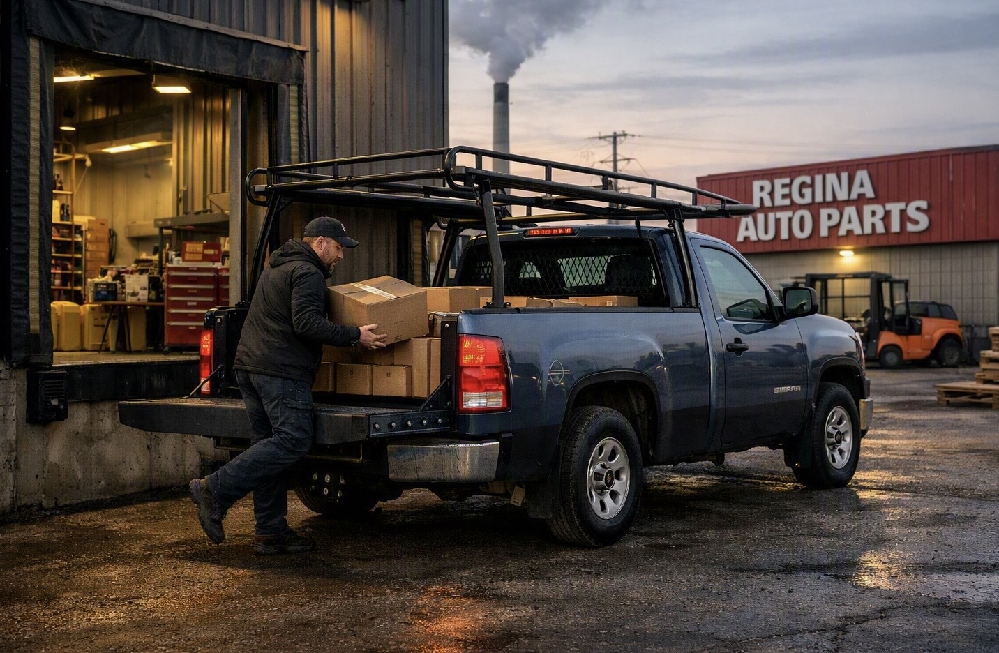 Local tradesperson loading a work truck in Regina